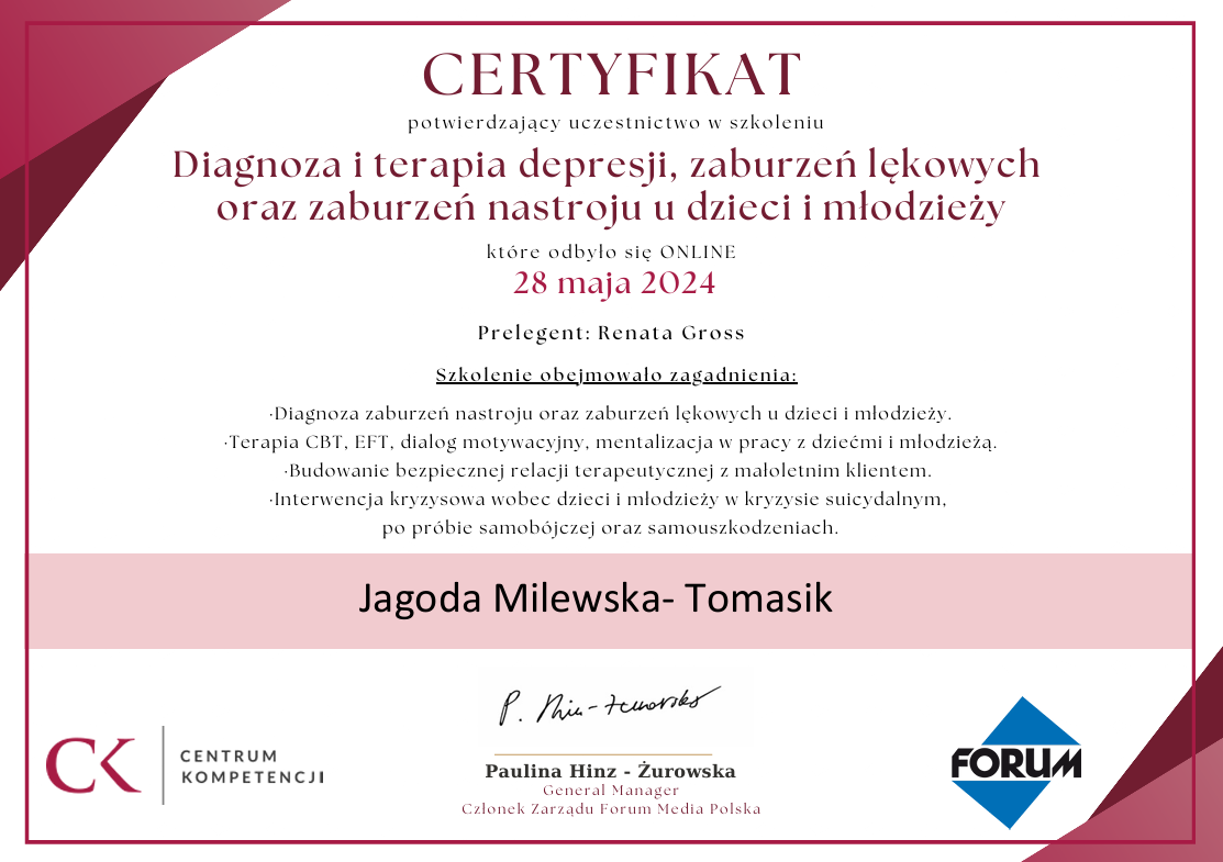 Certyfikat — Diagnoza i terapia depresji, zaburzeń lękowych oraz zaburzeń nastroju u dzieci i młodzieży