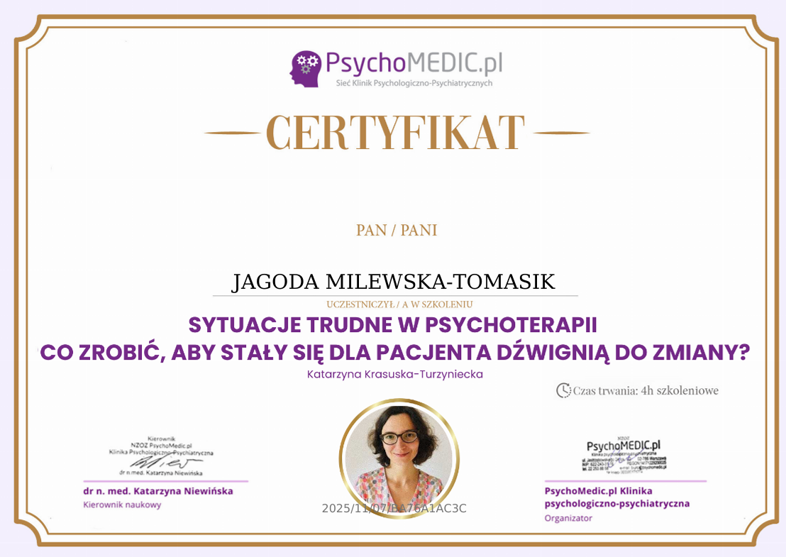 Certyfikat — Sytuacje trudne w psychoterapii