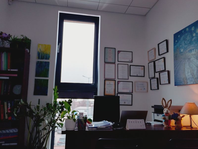 Gabinet psychologiczny Super Ego — widok na przestrzeń pracy z oknem i roślinami